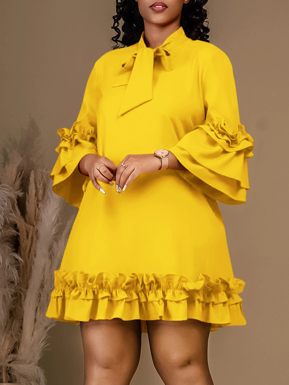 Plus Size Solid Color Chic Puff Sleeve Tie Ruffle Dress